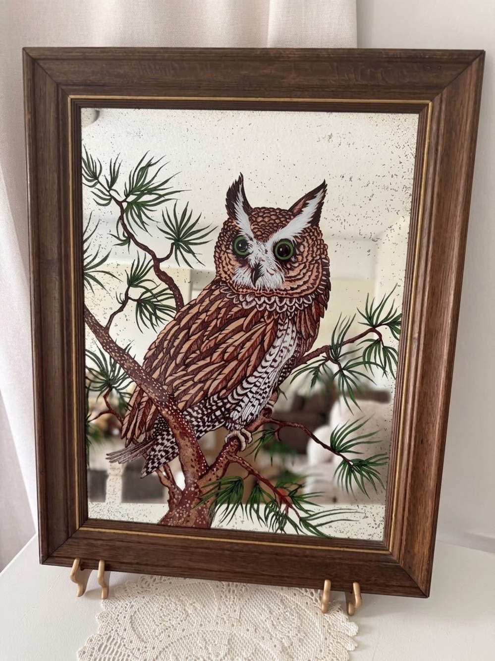 Large Vintage Reverse Painted Glass Framed Owl Mirror-Woodland Art Decor